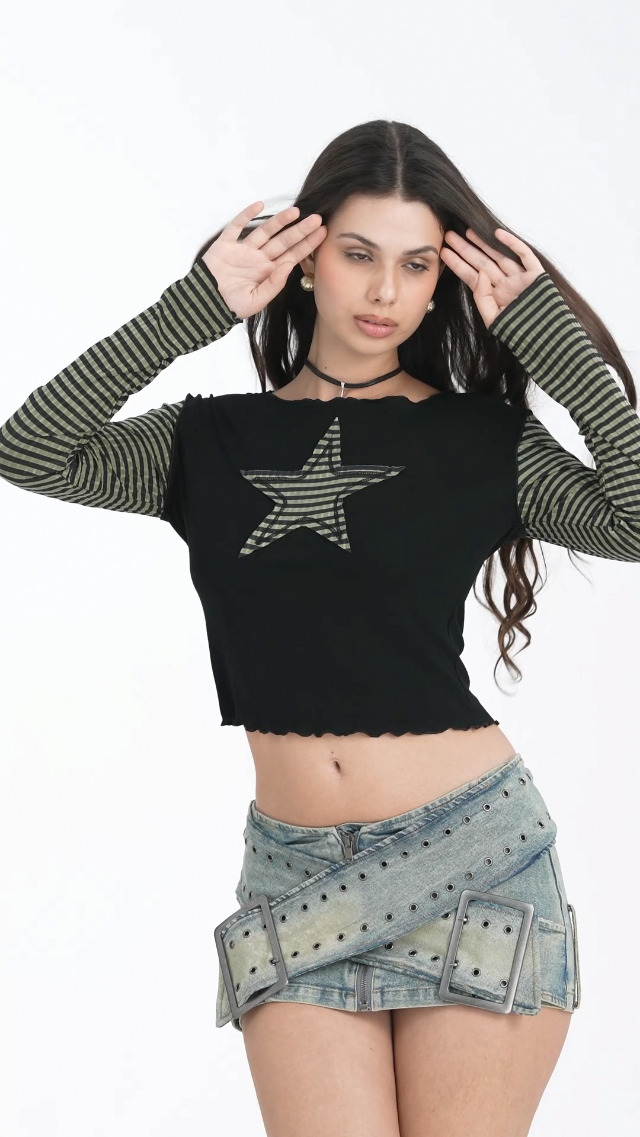 Women's Y2K Vintage T Shirt Long Sleeve Crew Neck Star Stripes